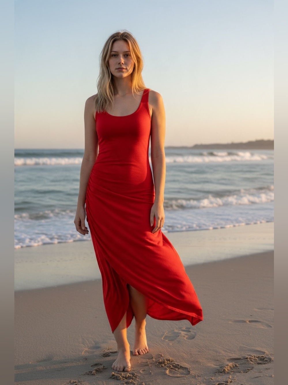 bebe Red Scoop Neck Ruched Maxi Dress